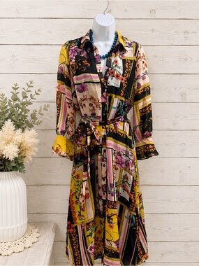 Label by 5 Twelve- Printed Belted Shirt Dress in Yellow Multi -Size 6